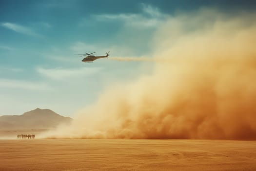 A helicopter flies low over a desert, creating a dramatic dust cloud in the arid landscape.