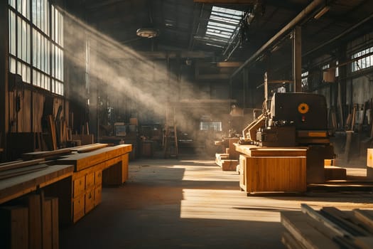 Warm sunlight streaming into a woodworking workshop, highlighting the dust particles and tools in a serene ambiance.