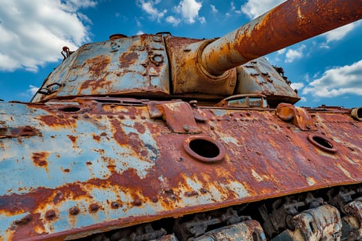 Close-up of a rusted, weathered tank, symbolizing the passage of time and history in an open field.