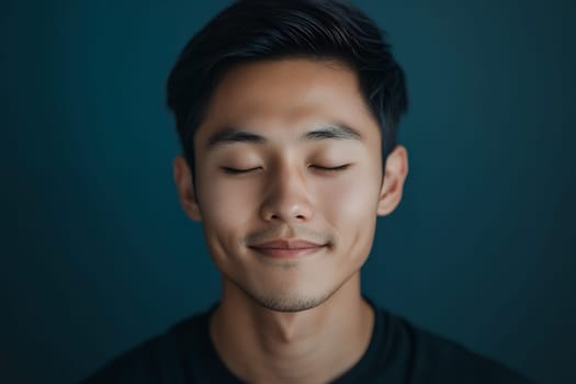 Young man meditating with eyes closed, exuding calmness and tranquility in a serene atmosphere.