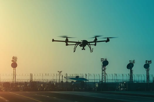 Silhouette of a drone flying over an industrial area at sunset, with communication towers in the background.