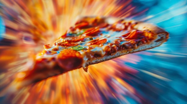 Colorful backdrop with a spinning slice of pizza in motion