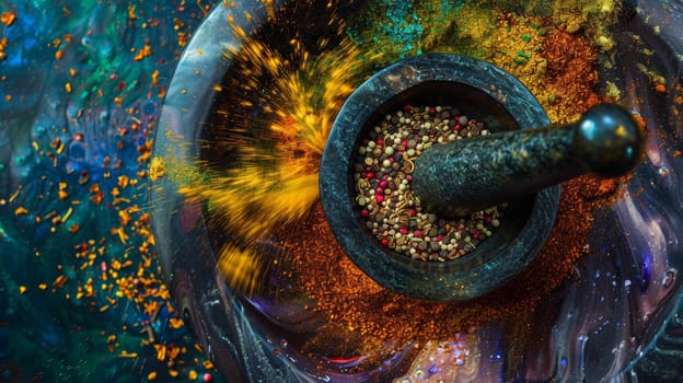 Colorful array of spices swirling in a mortar and pestle