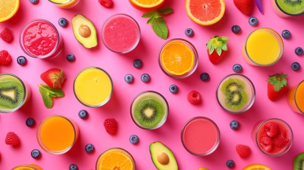 Colorful arrangement of spinning smoothie ingredients in a colorful pattern