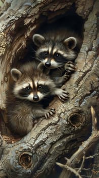 Cozy baby raccoons snuggled up in a hollow tree, their tails wrapped around them