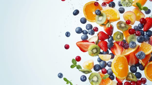 Colorful fruit salad spinning against a blank backdrop