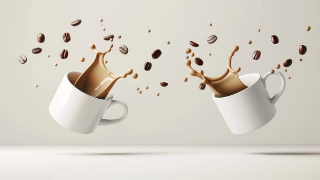 Contemporary poster featuring floating coffee cups with sleek typography