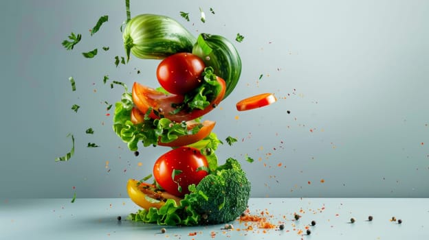 Conceptual image of spinning vegetables forming a tornado, symbolizing health and vitality