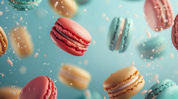 Colorful macarons spinning in a top-down motion