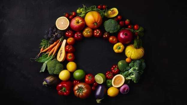 Conceptual image of spinning fruits and vegetables forming a circle, symbolizing unity