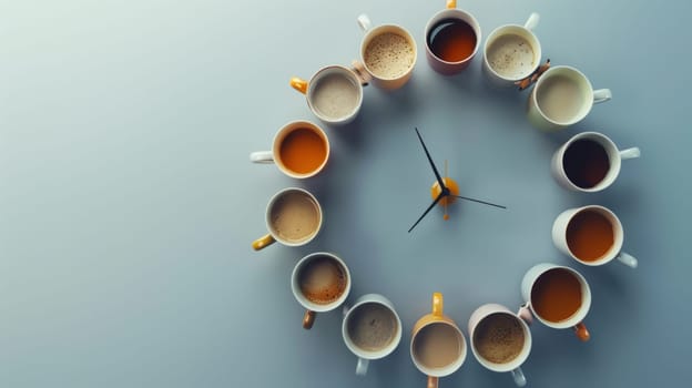 Conceptual depiction of spinning coffee cups forming a clock, symbolizing routine