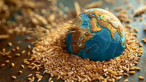 Conceptual representation of spinning grains forming a globe, symbolizing food security