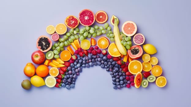 Conceptual image of spinning fruits forming a rainbow, representing diversity and abundance