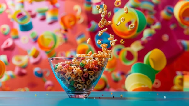 Colorful backdrop with a spinning bowl of cereal in motion