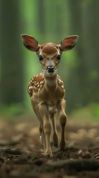Dainty baby deer taking tentative steps through the forest, their ears flicking nervously