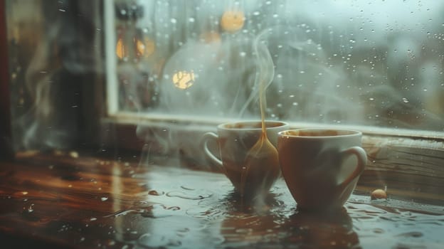 Double exposure of spinning coffee cups and a rainy day window, evoking coziness