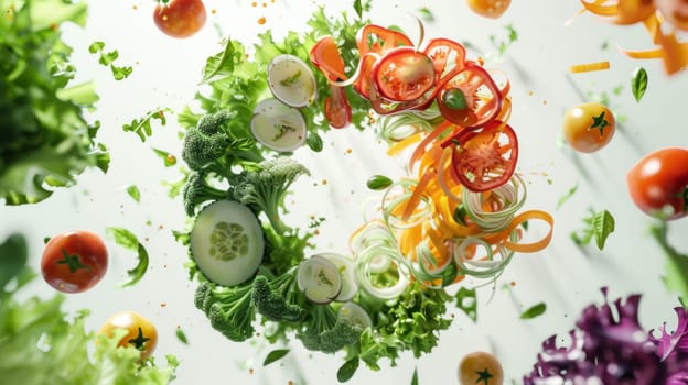 Contemporary arrangement of spinning salad ingredients in a contemporary pattern