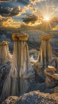Dramatic hoodoos bathed in golden sunlight
