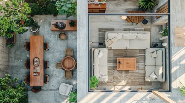 Drone view providing a sweeping overview of interior decor aesthetics