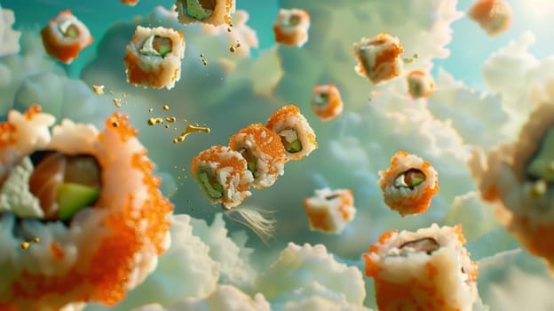 Dreamlike scene of spinning sushi rolls performing acrobatics in the sky