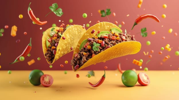 Dynamic design featuring floating taco ingredients and room for Mexican restaurant logos