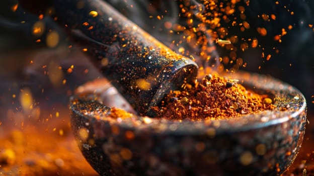 Darkened shape of spices swirling in a mortar and pestle
