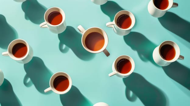 Dynamic poster design featuring levitating coffee cups in a kinetic layout