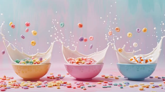 Elegant silhouette of floating bowls of colorful cereal with milk splashes