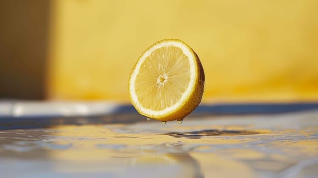 Floating lemon slice in a minimalist citrusy composition