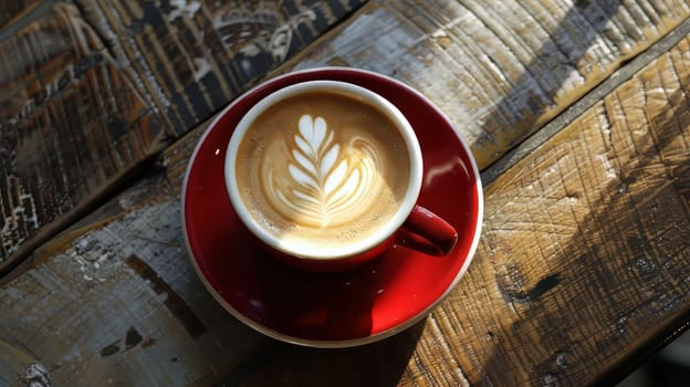 A red coffee cup with a white leaf design sits on a wooden table. The cup is filled with coffee