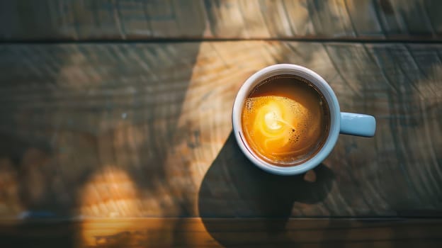 A white coffee cup with a swirl of foam on top sits on a wooden table. The sun is shining on the cup