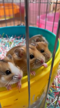 Fuzzy baby hamsters exploring their colorful cage with tiny paws