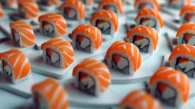 Geometric arrangement of spinning sushi rolls in a geometric pattern