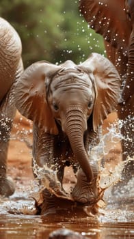 Gentle baby elephants splashing in muddy watering holes, their trunks spraying water in all directions