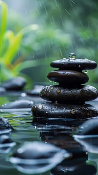 Gentle raindrops create a soothing atmosphere for meditation