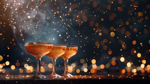 Festive copy space featuring levitating cocktail glasses and space for holiday party details