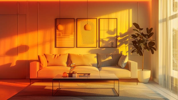 Iconic outline of interior decor elements against a backdrop of ambient light