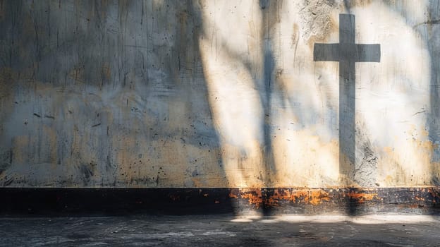 Large copy space adjacent to an image of a cross-shaped shadow on a wall