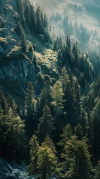 Majestic alpine forests clinging to mountain slopes