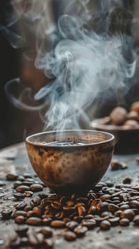 International Coffee Day steaming cups and beans