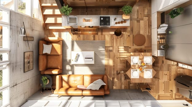 Interior layout demonstrating creative ways to define separate living areas within a space