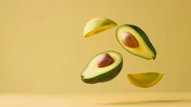 Minimalist poster featuring levitating avocado halves with minimalist text