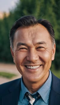A man 50 years old with a genuine smile stands outside in a lively area showcasing a friendly demeanor and enjoying the beautiful day among vibrant surroundings. A resident of Kazakhstan. AI generate.