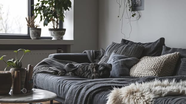 Minimalist living space with cozy textiles