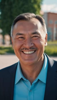 A man 50 years old with a genuine smile stands outside in a lively area showcasing a friendly demeanor and enjoying the beautiful day among vibrant surroundings. A resident of Kazakhstan. AI generate.