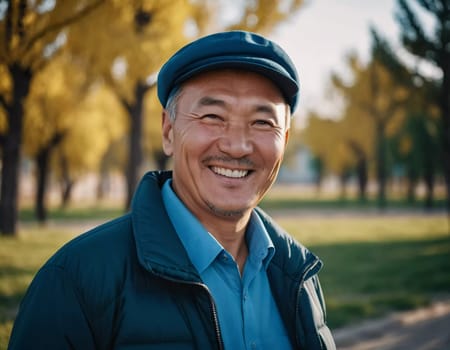 A man 50 years old with a genuine smile stands outside in a lively area showcasing a friendly demeanor and enjoying the beautiful day among vibrant surroundings. A resident of Kazakhstan. AI generate.