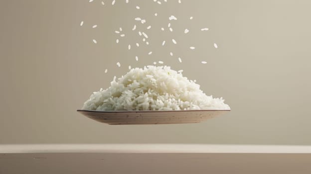 Minimalist shot of floating sushi rice in mid-air
