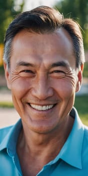 A man 50 years old with a genuine smile stands outside in a lively area showcasing a friendly demeanor and enjoying the beautiful day among vibrant surroundings. A resident of Kazakhstan. AI generate.
