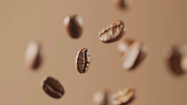 Minimalistic shot of floating coffee beans in mid-air