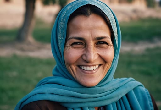 A joyful woman 45 years old from Afghanistan displays a bright smile while wearing traditional clothing. She stands confidently, embodying a sense of peace in her rural community. Generative AI.